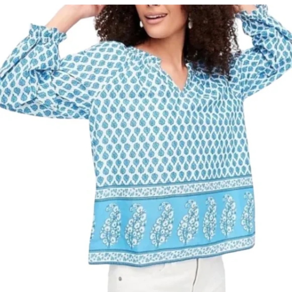 J. Crew Blue & White Block Floral Paisley Print Boho Popover Top size XXS